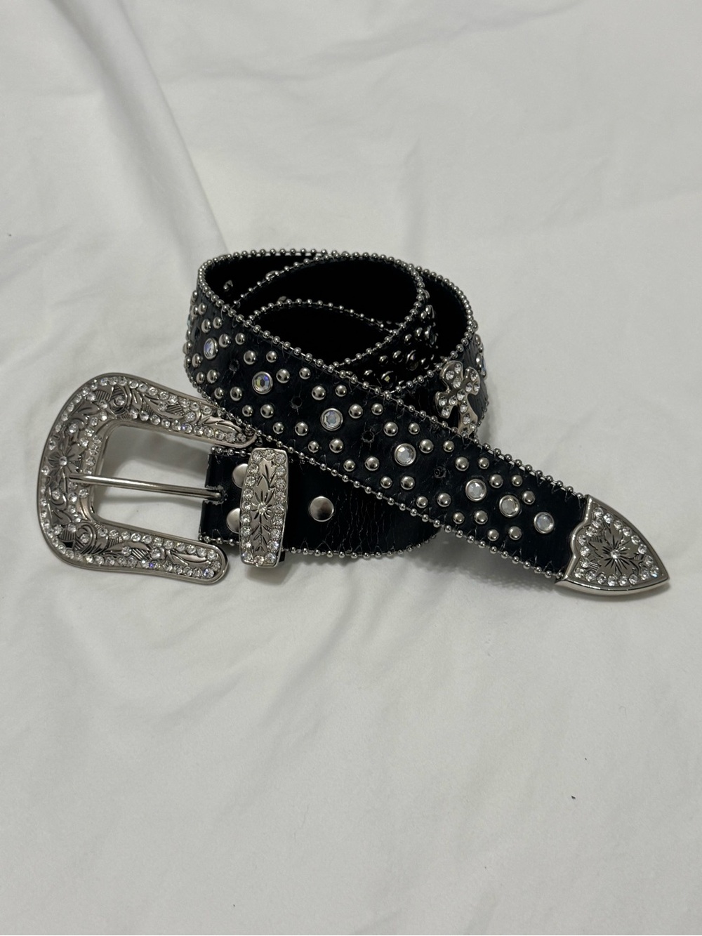 Women Black Studded Western Belt with Silver Buckle